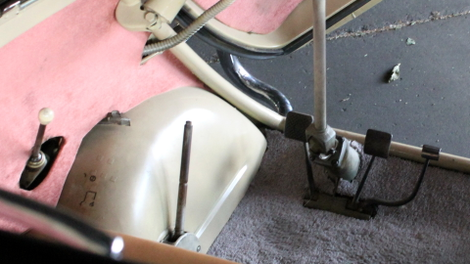 Drivers’ controls, left to right: shifter, handbrake and pedal box. Photo credit: Stef Schrader